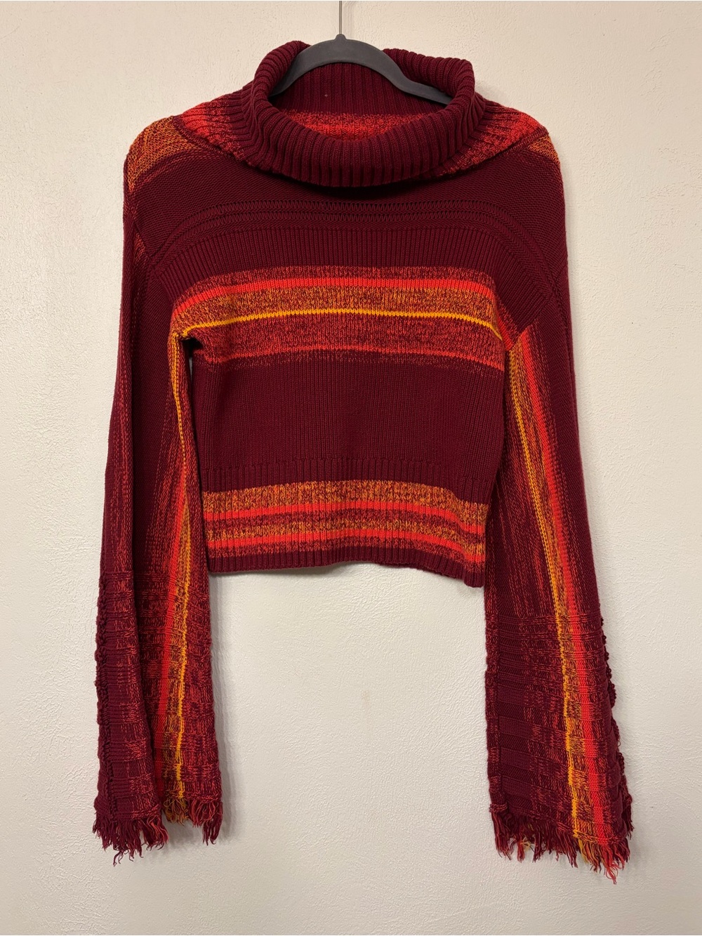 Free People Women’s Close to Me Red Turtleneck Sweater Flare Fringe Sleeve Small